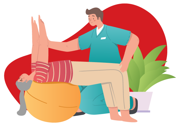 physical therapy session with patient exercising on stability ball under guidance of therapist focusing on strength and rehabilitation exercises for improved well being and balance techniques