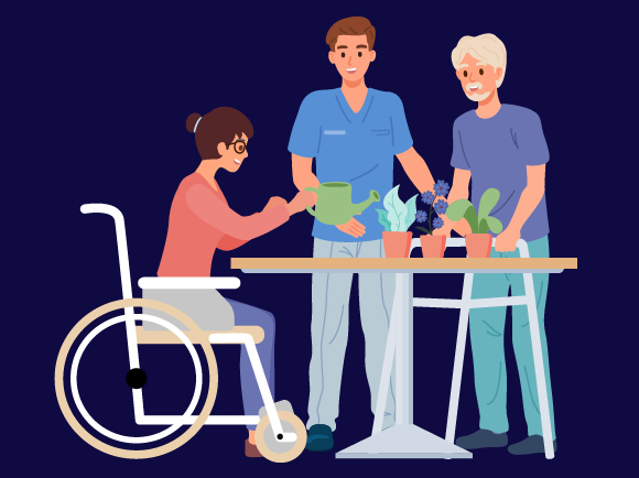 three people gardening indoors together with plants and watering can
