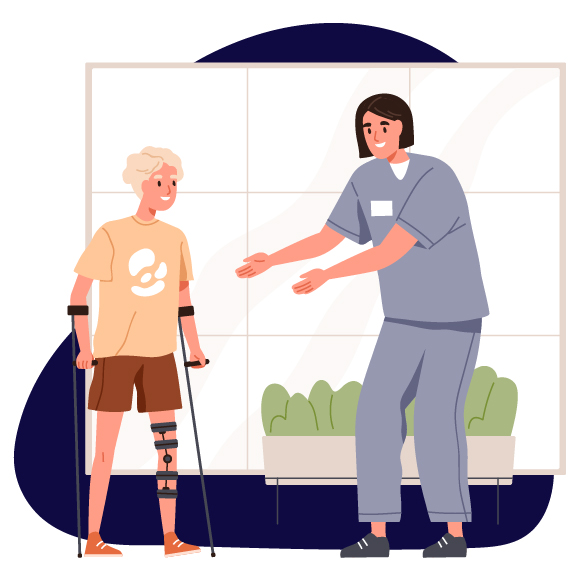 a child with a leg brace standing on crutches next to a healthcare professional in a welcoming environment showcasing rehabilitation and support tools for injuries
