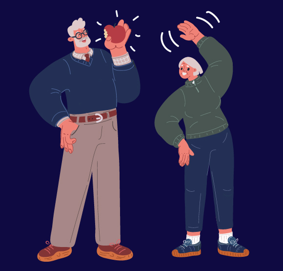 elderly couple engaging in playful activity with a heart symbol illustrated vibrant colors and joyful expressions three generations of love