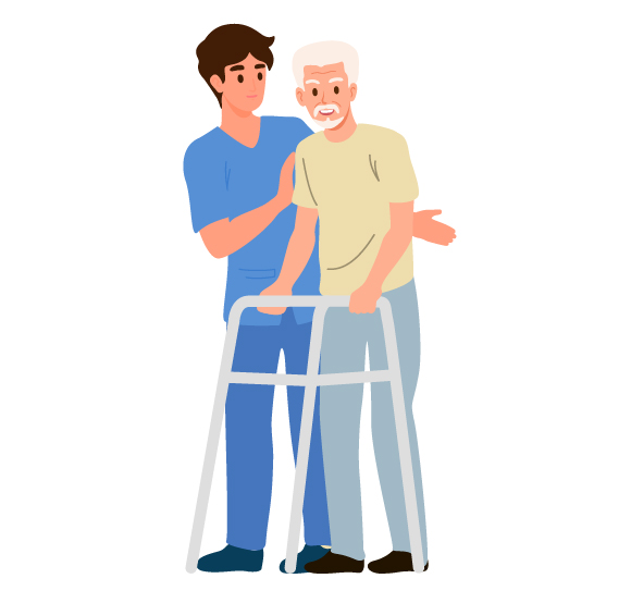 a caregiver assisting an elderly man with a walker symbolizing support for older adults and their two caregivers