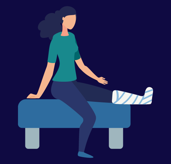 woman sitting on a bed with a cast on her leg illustrating recovery and mobility challenges