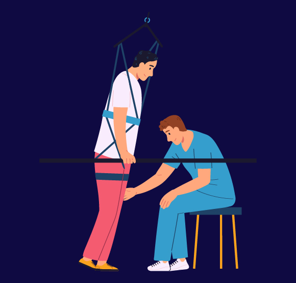 two people working together in a rehabilitation setting one person supported by a harness physical therapy techniques used for recovery