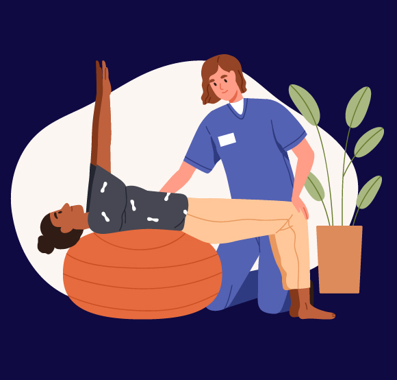 a therapist assists a person with a physical exercise using a stability ball in a calm environment promoting health and wellness improvements