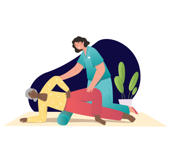 caregiver assisting elderly person with therapy using yoga mat for mobility enhancement