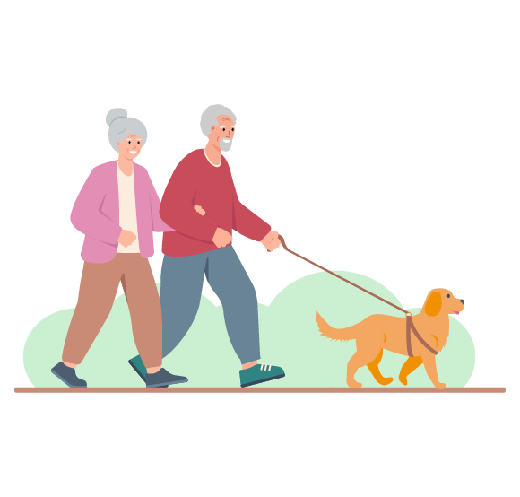 an elderly couple walking a dog in a park enjoying outdoor activity with three companions