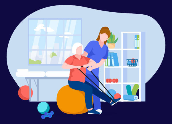 a physical therapist assisting an elderly woman with exercise on a stability ball in a rehabilitation setting using resistance bands for strength training and mobility