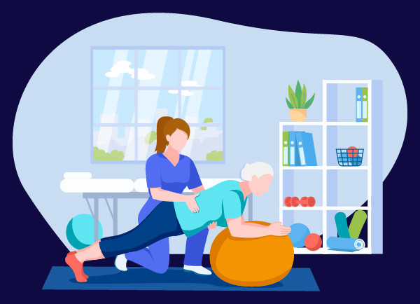 a therapist assisting an older adult in a physical fitness exercise using a stability ball in a bright and inviting therapy space with exercise equipment and natural light